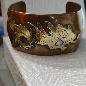 Dragon Mexican Copper Cuff Bracelet MCM Vintage Brass Dragon Abalone 1 Inch Wide